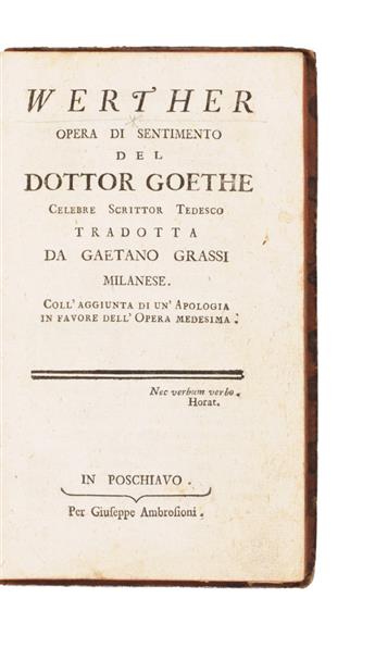 GOETHE, JOHANN WOLFGANG VON. Werther, Opera di Sentimento.  1782